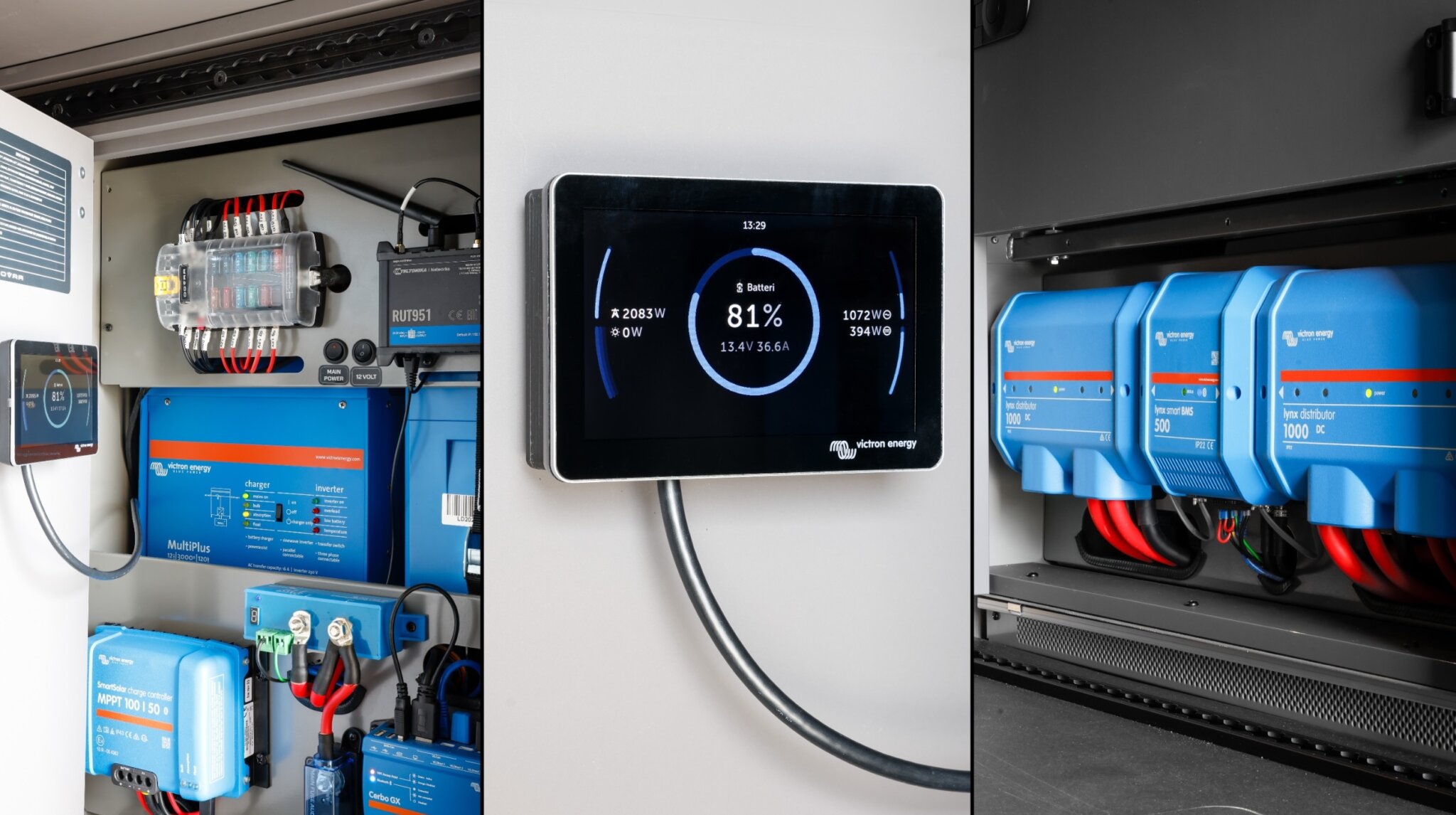 Victron EnergyDovra is fully equipped with Victron's unbeatable products and you can expect optimal power supply and battery charging for remote living. With high-quality components and high-end installations, Dovra offers a reliable solution for living comfortably off the grid for many days.
Victron Energy 3000W Inverter
Victron Energy 400Ah
Lithium Battery
Victron Energy MPPT Regulator 50 amp
Victron Electronic Battery Management System BMS
Victron Energy Shore Power Management System